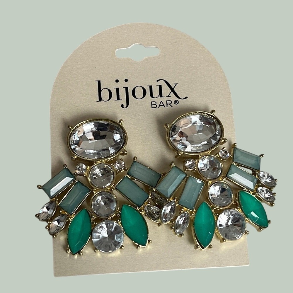 Bijoux Bar Green Clear Rhinestone Cluster Drop Earrings Gold Tone JC25-5198G NEW